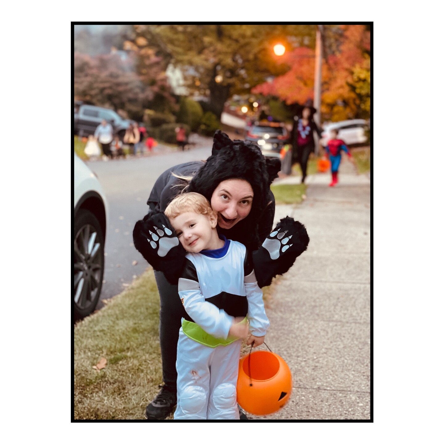 Mom and son in Halloween costumes