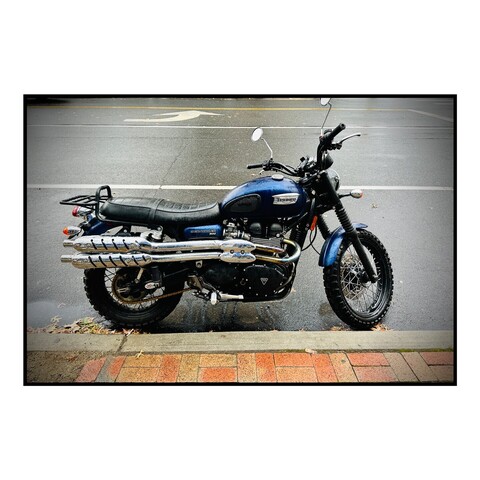 A blue Triumph Scrambler parked on a street